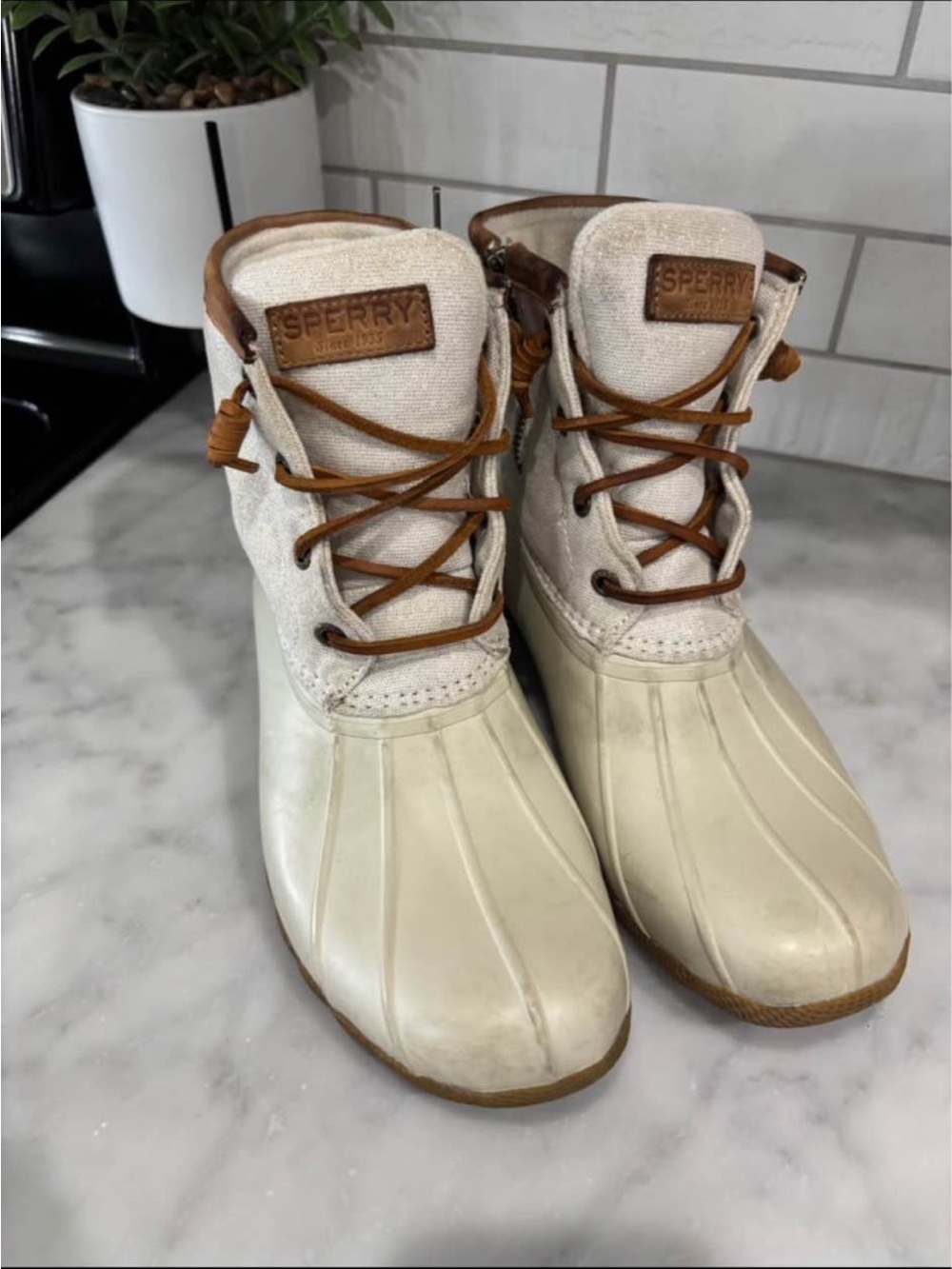 Sperry Cream and Tan Waterproof Duck Boots